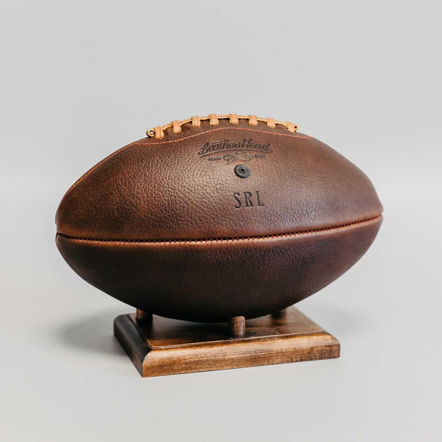 football gear stand Football Display Stand, Dark Walnut – Leather Head Sports